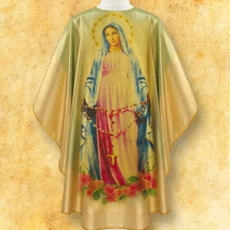 Articles Religieux JP Chasuble avec photo Notre Dame du Rosaire^ Mariale