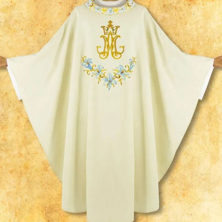Articles Religieux JP chasuble brodée avec motif mariale^ Mariale