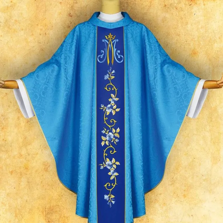 Articles Religieux JP Chasuble liturgique jacquard blue^ Mariale