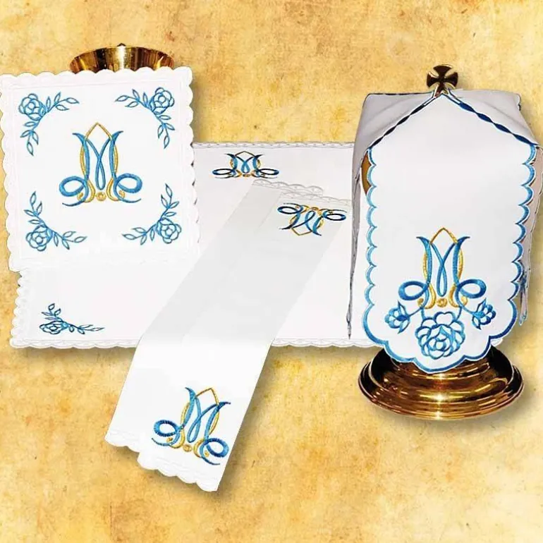 Articles Religieux JP linge d'autel mariale blue brodée^ Mariale