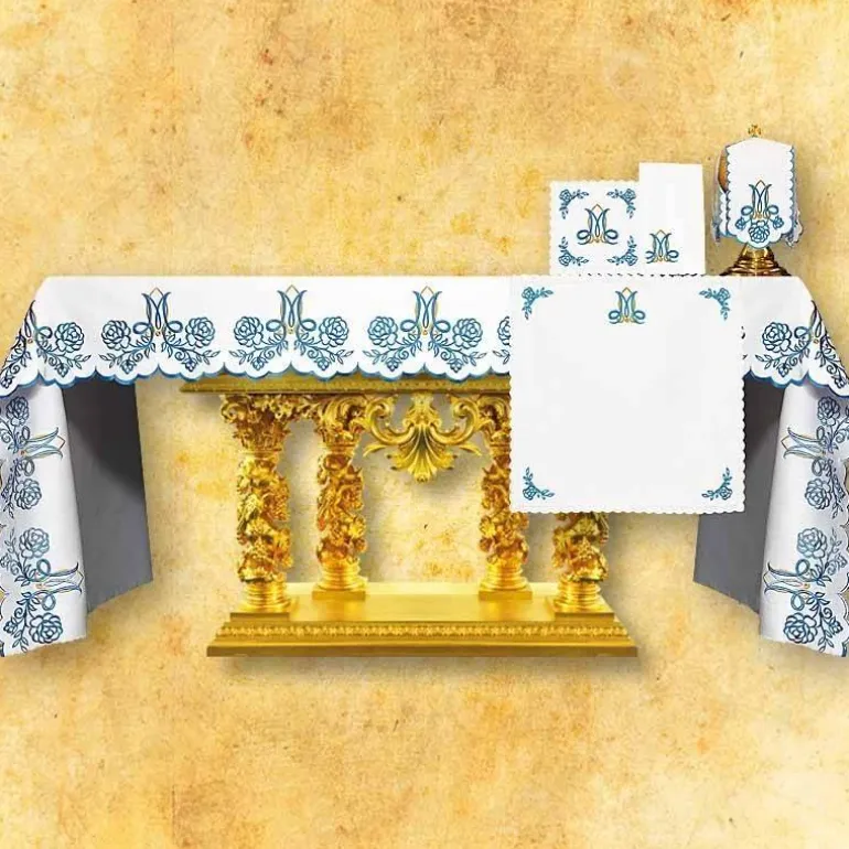 Articles Religieux JP nappe autel brodée mariale fil bleu^ Nappe Mariale | Vendu Par Metre